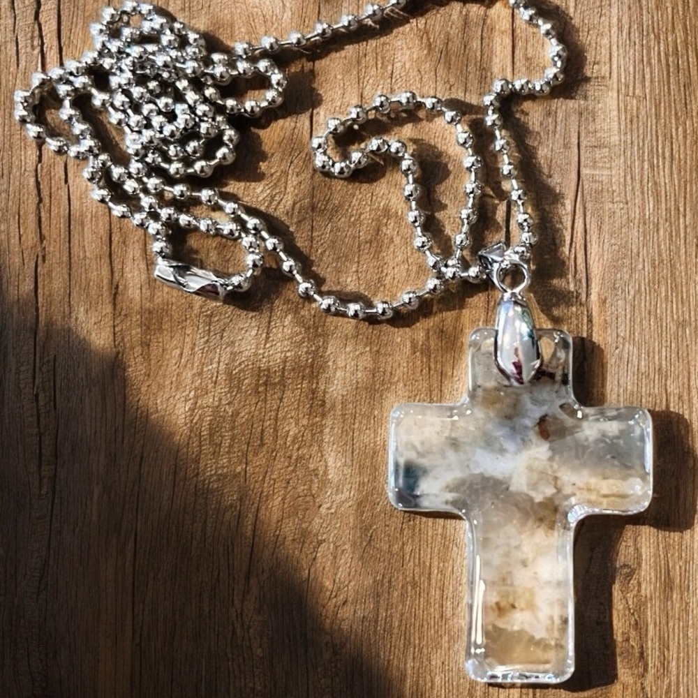 Crystal Clear Glass Cross Necklace with silver toned Beaded Chain 22” - Picture 14 of 17